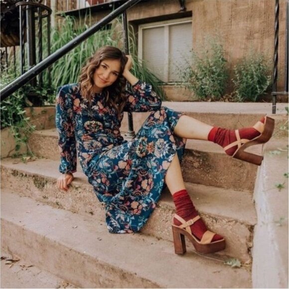 I.Madeline Garden Splendor Navy Blue Flora | Long Sleeve Midi Dress Sz: Small - Picture 16 of 16